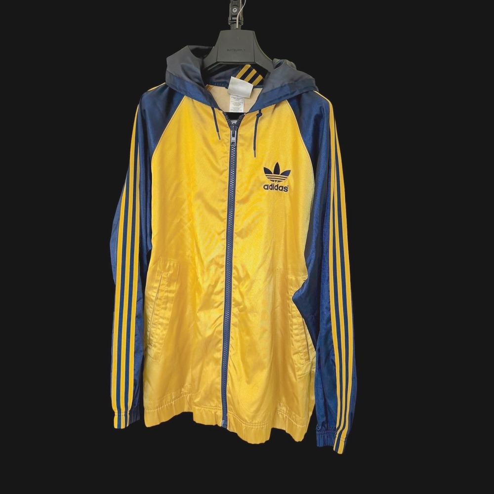 80's Adidas Trefoil Originals Windbreaker Jacket XL Yellow Navy Hooded Zip